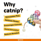 Zigly colorful handmade catnip toy held by hand with text explaining catnip benefits like play and stress relief