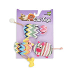 Zigly colorful crocheted cat toys set with fish, bird, and pig shapes on purple card with catnip