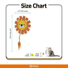 Zigly lion-shaped cat toy with felt mane and tail, size chart with tennis ball and cat for scale