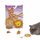 Zigly cat toys set with woven leopard, lion face, and mouse designs, featuring catnip, with gray cat