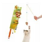 Zigly cat tail teaser toy with plush pizza and burger attachments being used to play with a white fluffy cat