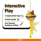 Zigly interactive cat toy with replaceable tops, catnip inside, tassels, feathers, and bell