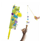 Zigly cat tail teaser toy with yellow handle, colorful plush bugs, and playful kitten reaching up