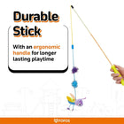 Zigly cat toy with durable stick and ergonomic handle for longer playtime featuring colorful insect plush