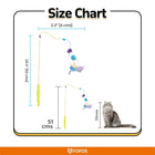 Zigly cat toy size chart showing 51 cm wand with bee and pom-poms, next to 32 cm sitting cat