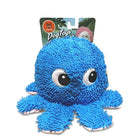 Zigly blue plush octopus dog toy with chenille texture and big eyes, packaged with green leaf design
