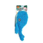 Zigly blue plush dolphin dog toy with textured surface and printed eye, packaged with dog image