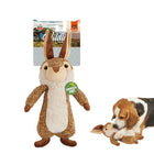 Zigly branded plush rabbit squeaky dog toy with a beagle playing on white background