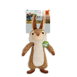 Zigly Wildling plush rabbit dog toy with squeaky feature and brown tan design