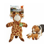 Zigly wildlife giraffe plush dog toy with squeaky feature and Beagle playing