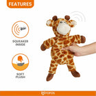 Hand holding soft plush giraffe dog toy with squeaker inside, zigly features by FOFOS
