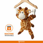 Zigly machine washable plush giraffe toy hanging on wooden hanger with FOFOS branding