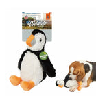 Zigly Wildlife plush penguin dog toy with squeaky feature and a dog playing with it
