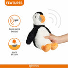 Zigly soft plush puffin toy with squeaker inside, held by hand, black white and orange colors