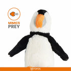 Zigly black and white plush penguin toy with orange beak and FOFOS logo, mimics prey
