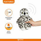 Zigly soft plush owl toy with squeaker inside held by hand, featuring spotted fur and bright eyes