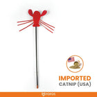 Zigly red cat toy on black stick with imported USA catnip bag and Fofos brand logo