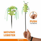 Zigly green plush lobster cat toy on stick, moving teaser wand for interactive pet play