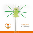Zigly green plush insect cat teaser toy on a stick with soft fabrics and tassels.