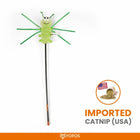 Zigly green insect cat teaser wand toy with imported catnip for interactive pet play