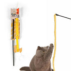 Zigly cat teaser wand with yellow textured toy and playful gray cat pawing at wand