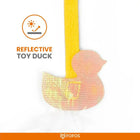 Reflective toy duck keychain with yellow strap and zigly pattern on white background