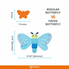 Blue FOFOS butterfly plush toy measuring 48x28 cm compared to 7.5x5 cm regular butterfly silhouette zigly