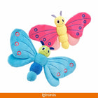 Zigly colorful plush butterfly toys with smiling faces, one pink-yellow and one blue-green, soft fabric