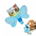 Zigly blue butterfly plush dog toy with smiling face and a dog playing with it