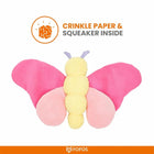 Zigly colorful butterfly plush pet toy with crinkle paper and squeaker inside, soft pink and yellow design