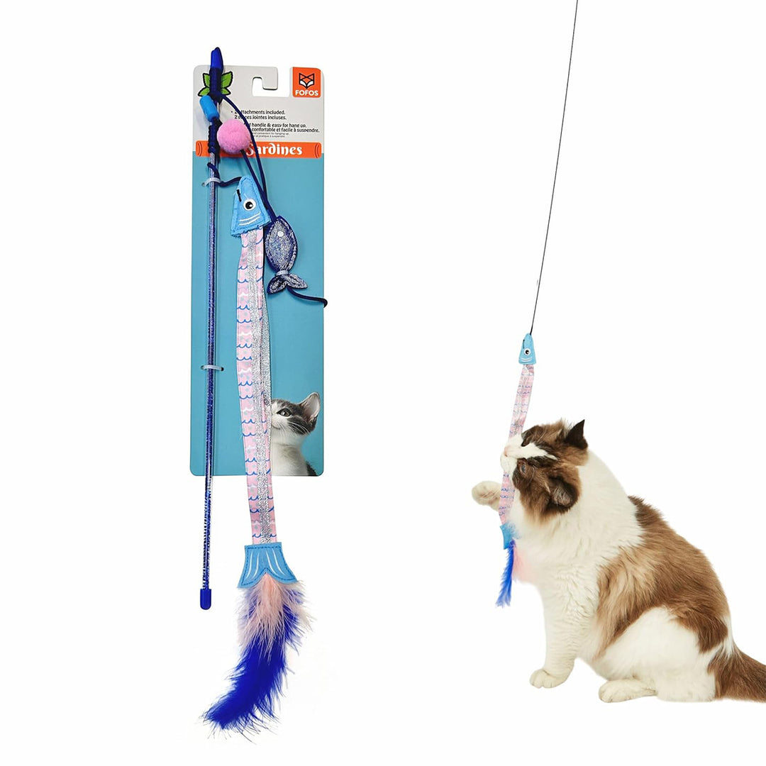 Zigly cat toy fishing rod with blue and pink feathered fish lure, shown with playful brown and white cat