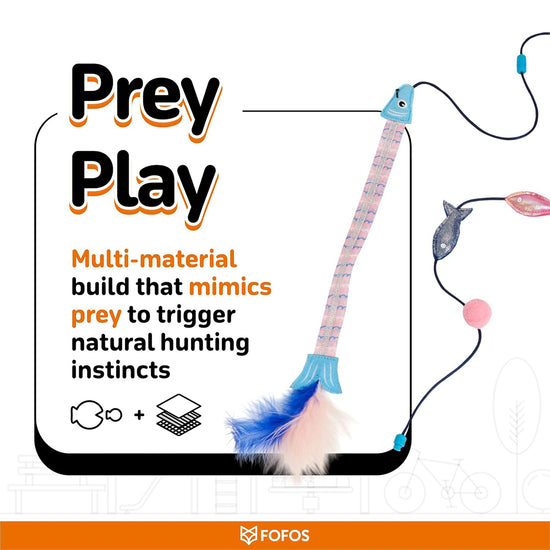 Zigly FOFOS Prey Play cat toy with feathers and fish shapes mimics prey to trigger natural hunting instincts