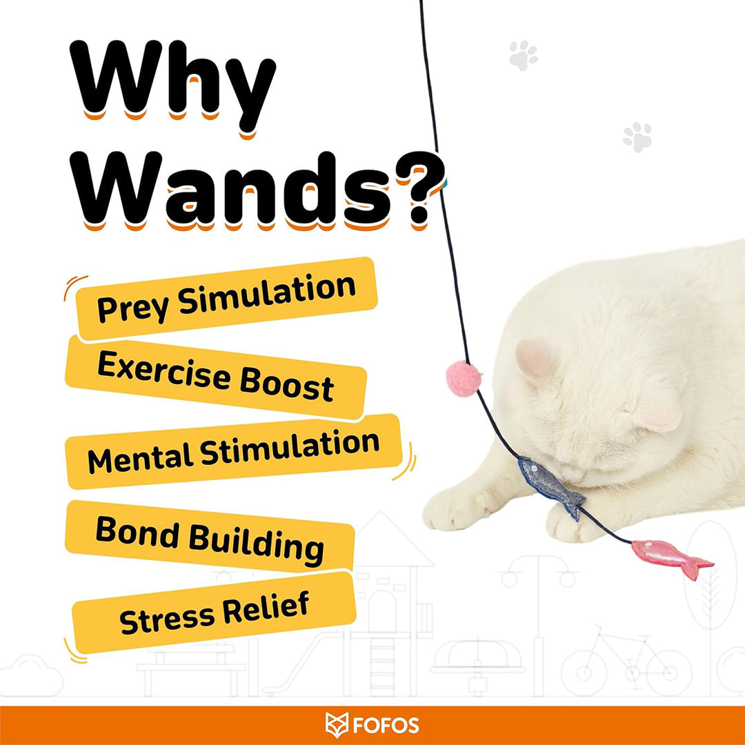 White cat playing with zigly fish wand toy highlighting benefits like exercise boost and mental stimulation