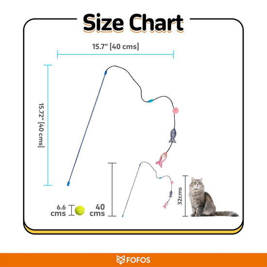 Zigly cat toy size chart with fishing rod, fish toys, and cat for scale showing dimensions in centimeters