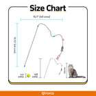 Zigly cat toy size chart with fishing rod, fish toys, and cat for scale showing dimensions in centimeters