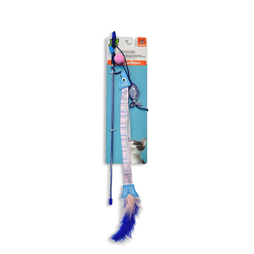Zigly cat toy wand with blue and pink fish design and feathers on blue packaging