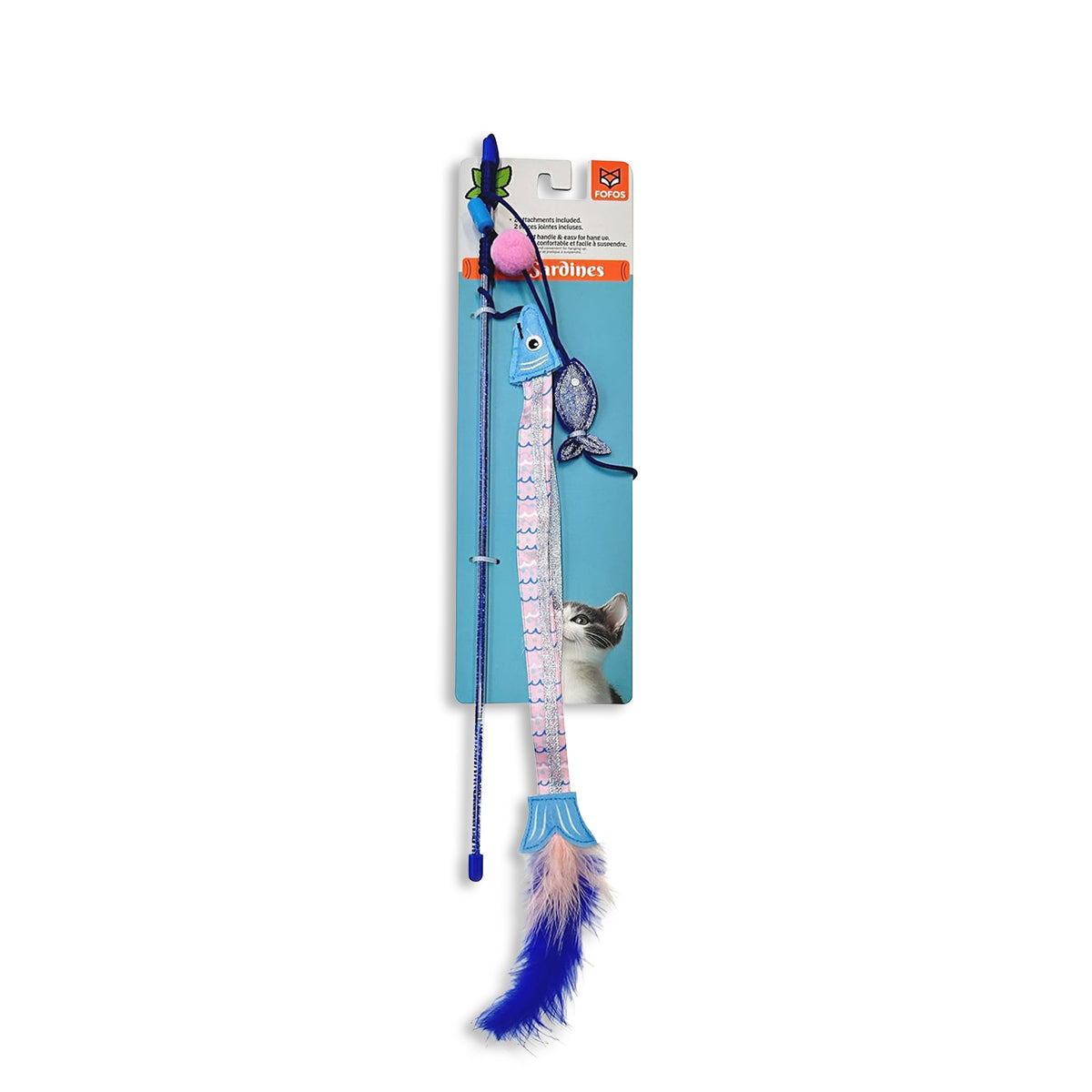 Zigly cat toy wand with blue and pink fish design and feathers on blue packaging