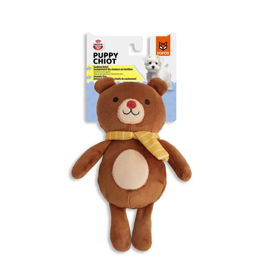 Zigly Fofos puppy teething relief plush bear dog toy with yellow scarf