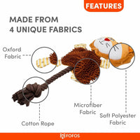 Zigly FOFOS dog toy made from four unique fabrics: oxford, microfiber, soft polyester, and cotton rope