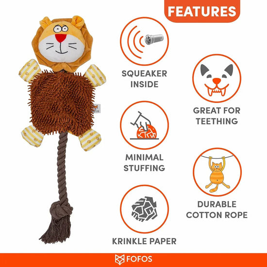 Zigly FOFOS cat toy with lion face, brown textured body, cotton rope tail, squeaker, teething aid, minimal stuffing, and crinkle paper