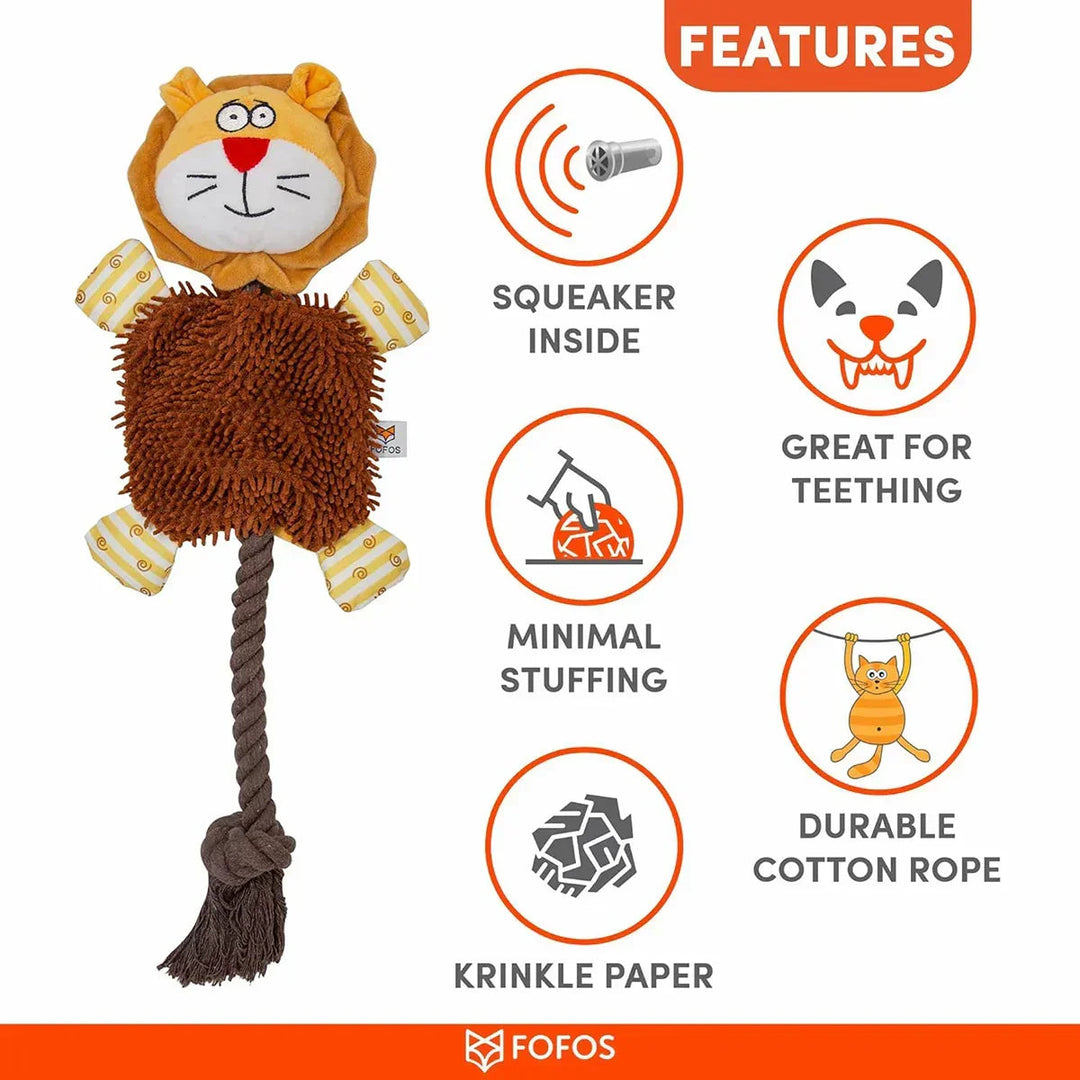 Zigly FOFOS cat toy with lion face, brown textured body, cotton rope tail, squeaker, teething aid, minimal stuffing, and crinkle paper