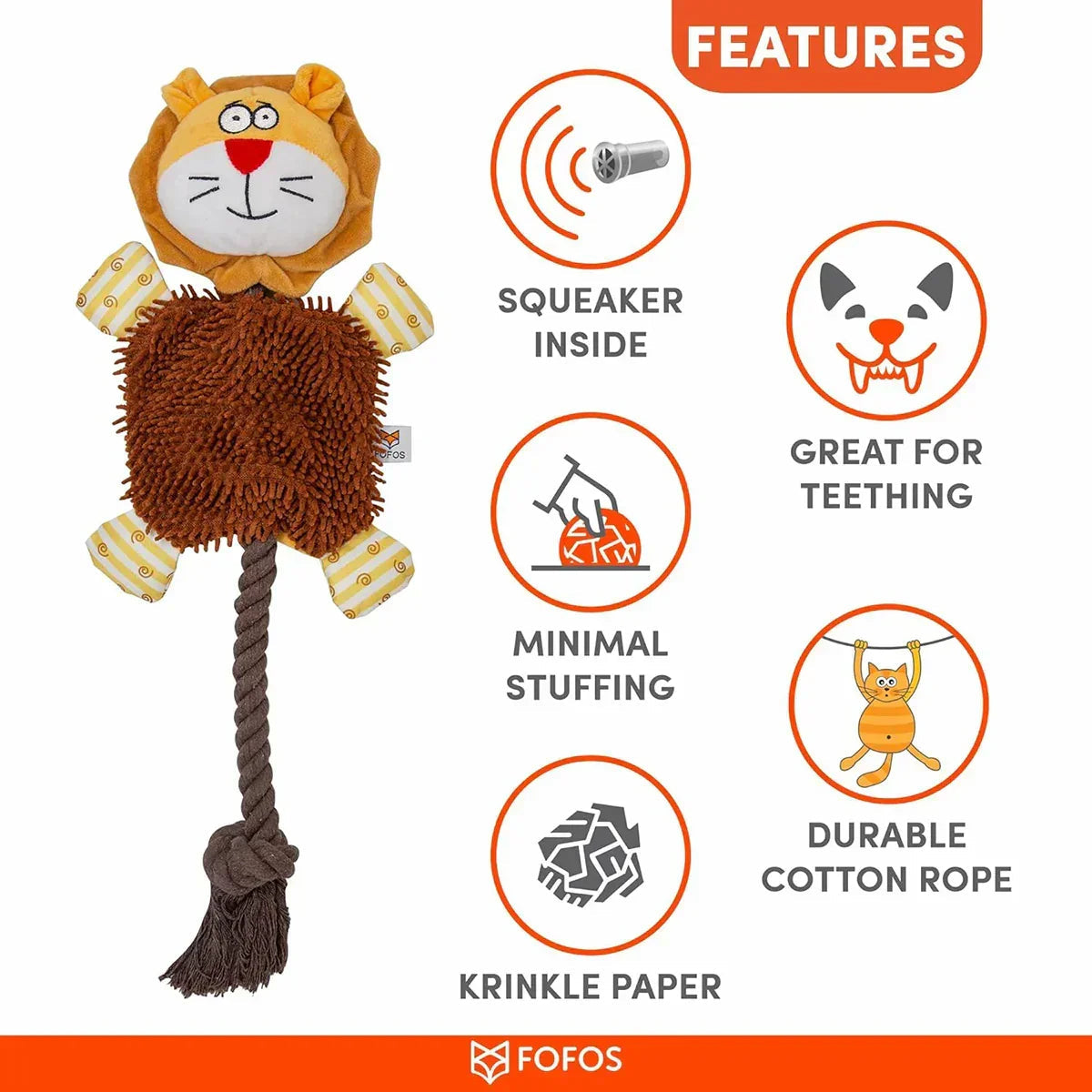 Zigly FOFOS cat toy with lion face, brown textured body, cotton rope tail, squeaker, teething aid, minimal stuffing, and crinkle paper