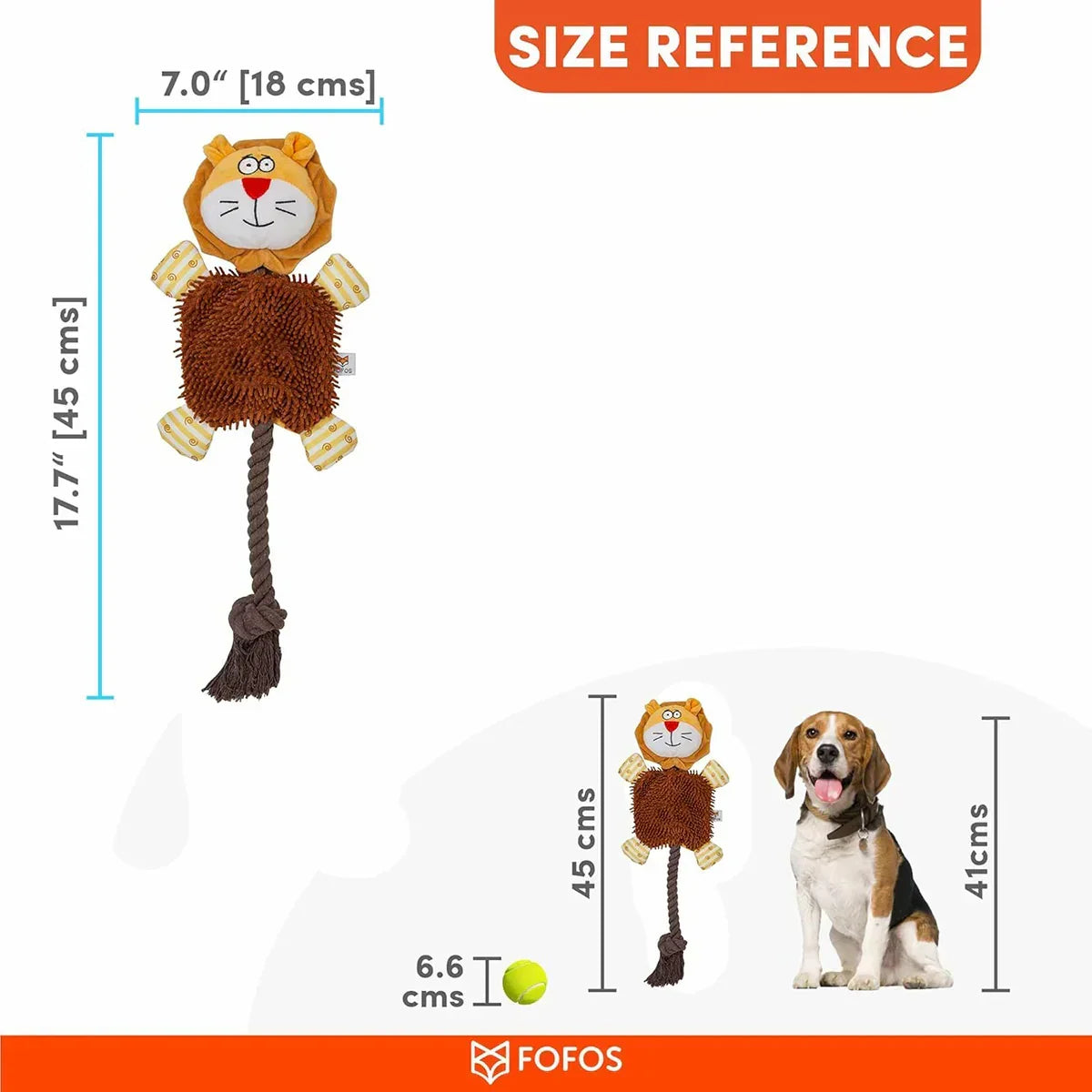 Zigly dog toy lion plush with rope tail, 17.7 in size next to tennis ball and beagle dog
