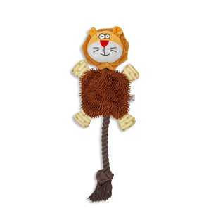 Zigly lion plush dog toy with soft brown body, yellow swirl limbs, and rope tail