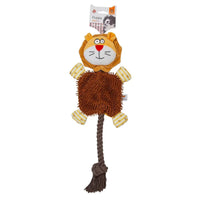 Zigly brown and yellow lion plush dog toy with rope tail and textured body for puppies
