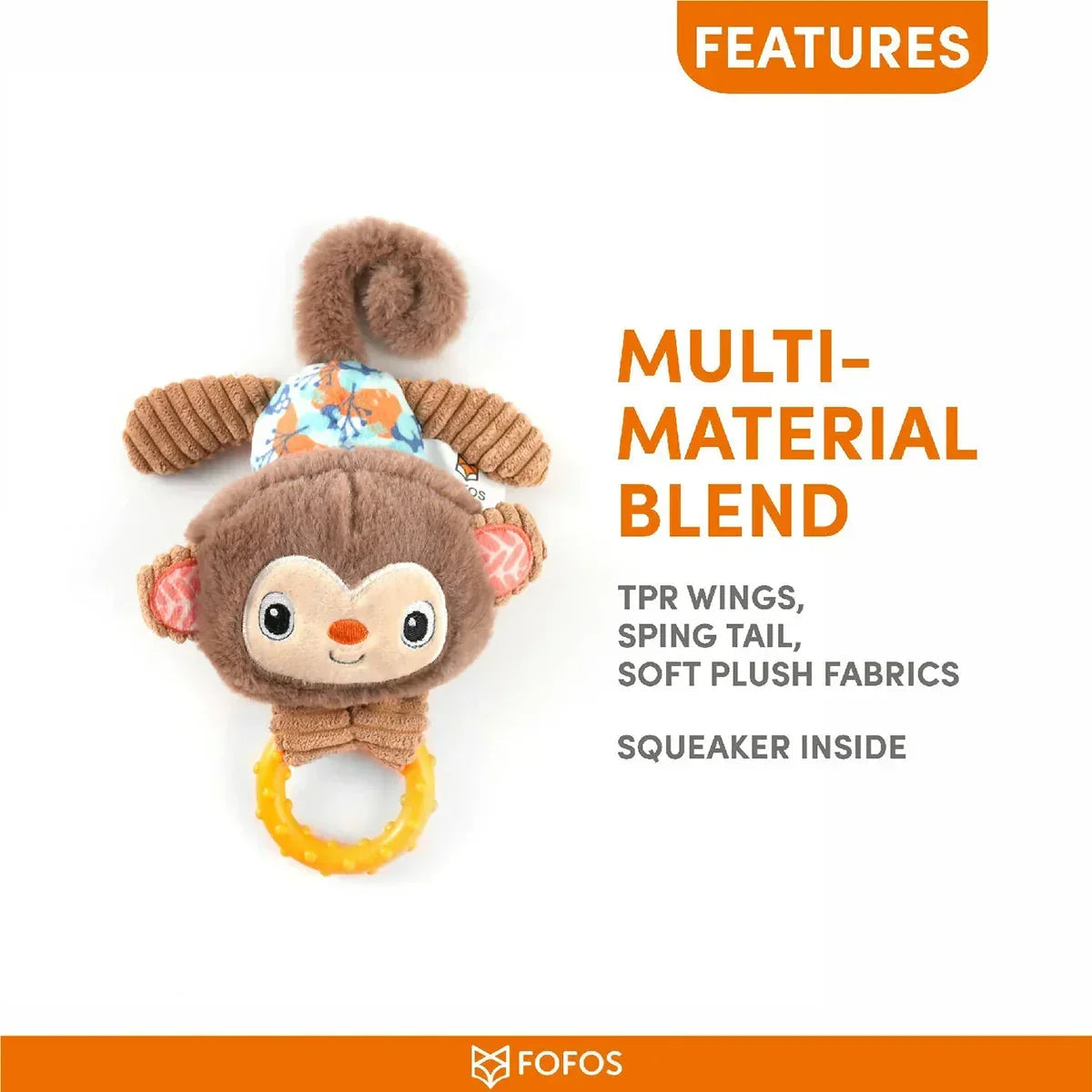 Zigly soft plush monkey toy with TPR wings, spring tail, and yellow teething ring for babies