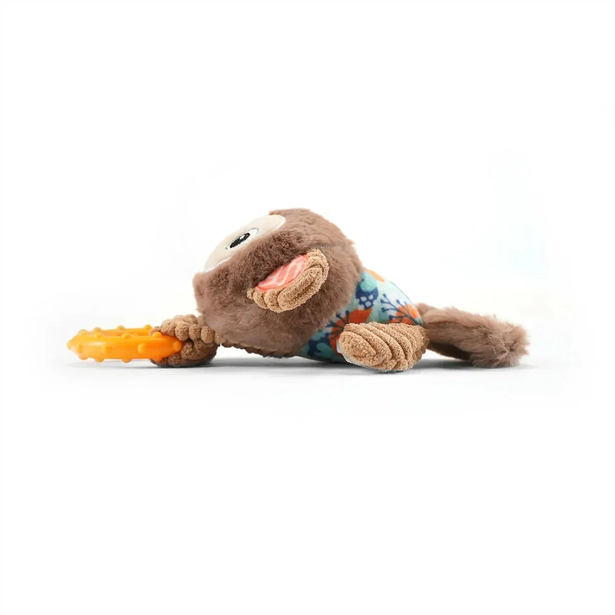Zigly plush otter dog toy holding orange teething ring with textured fabric and floral design