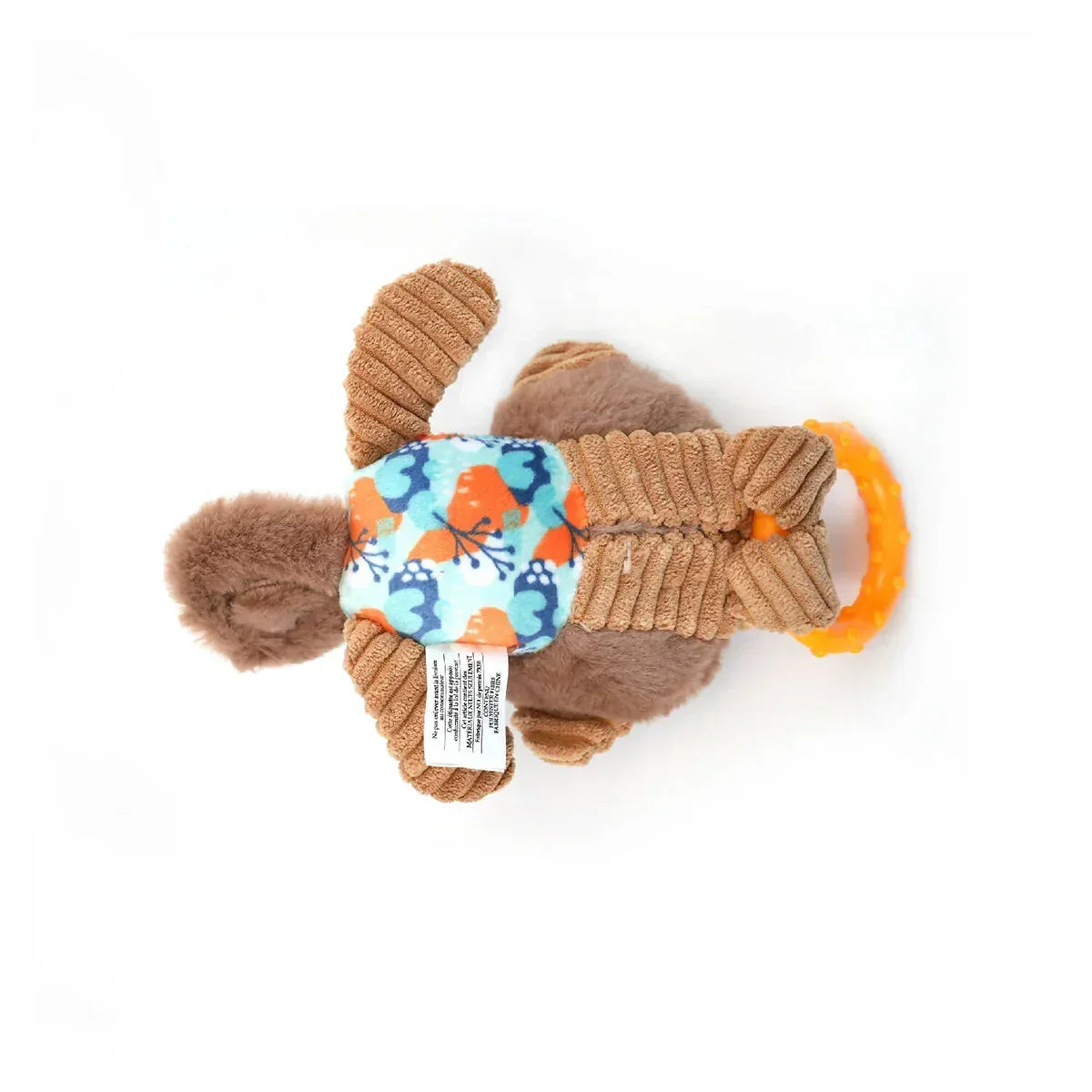 Zigly plush dog toy with soft brown fabric, colorful patterned vest, and orange teething ring