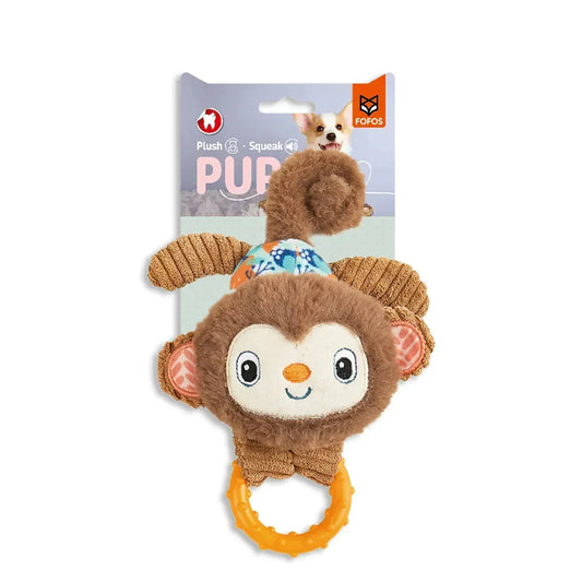 Zigly plush monkey squeaky dog toy with textured orange ring and colorful details