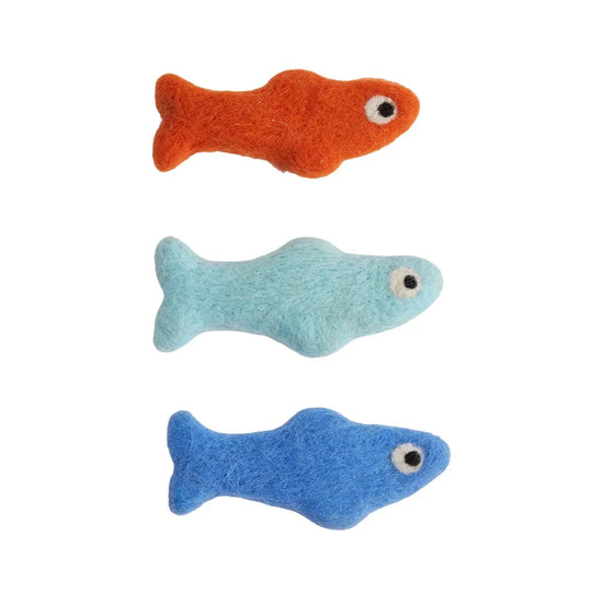 Zigly colorful felt fish toys in orange, light blue, and blue on white background